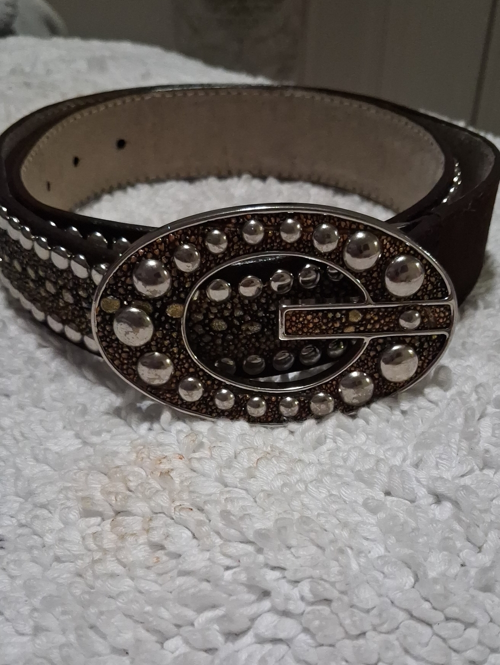 Guess Brown Leather Belt with Studded Oval Buckle